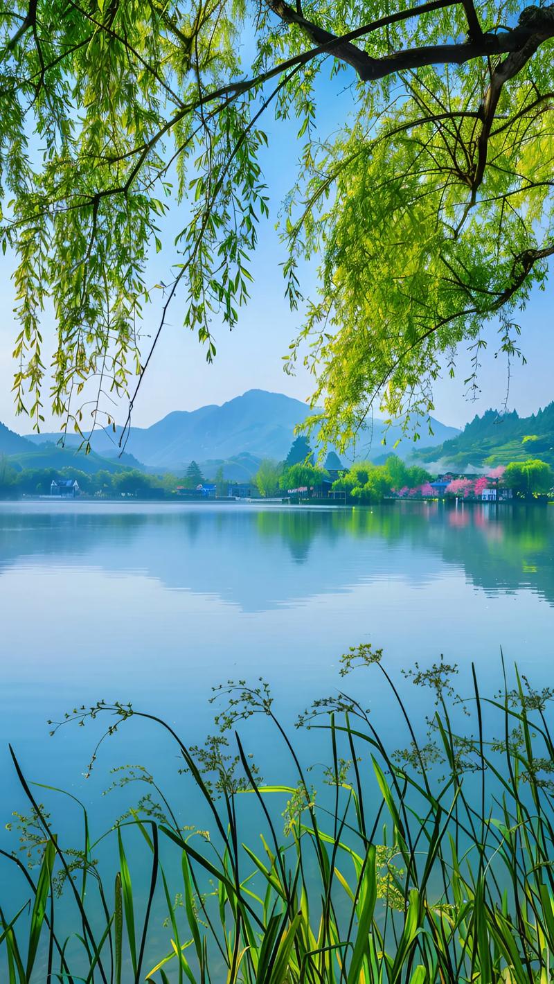 静谧湖畔，春意盎然，绿树成荫，感受自然的宁静与美好